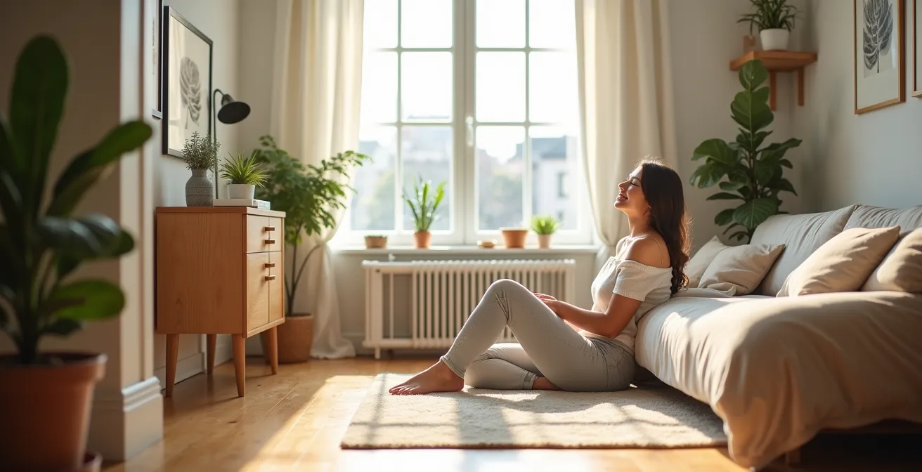 Personne dans un intérieur urbain épuré bénéficiant d'un espace de vie optimisé