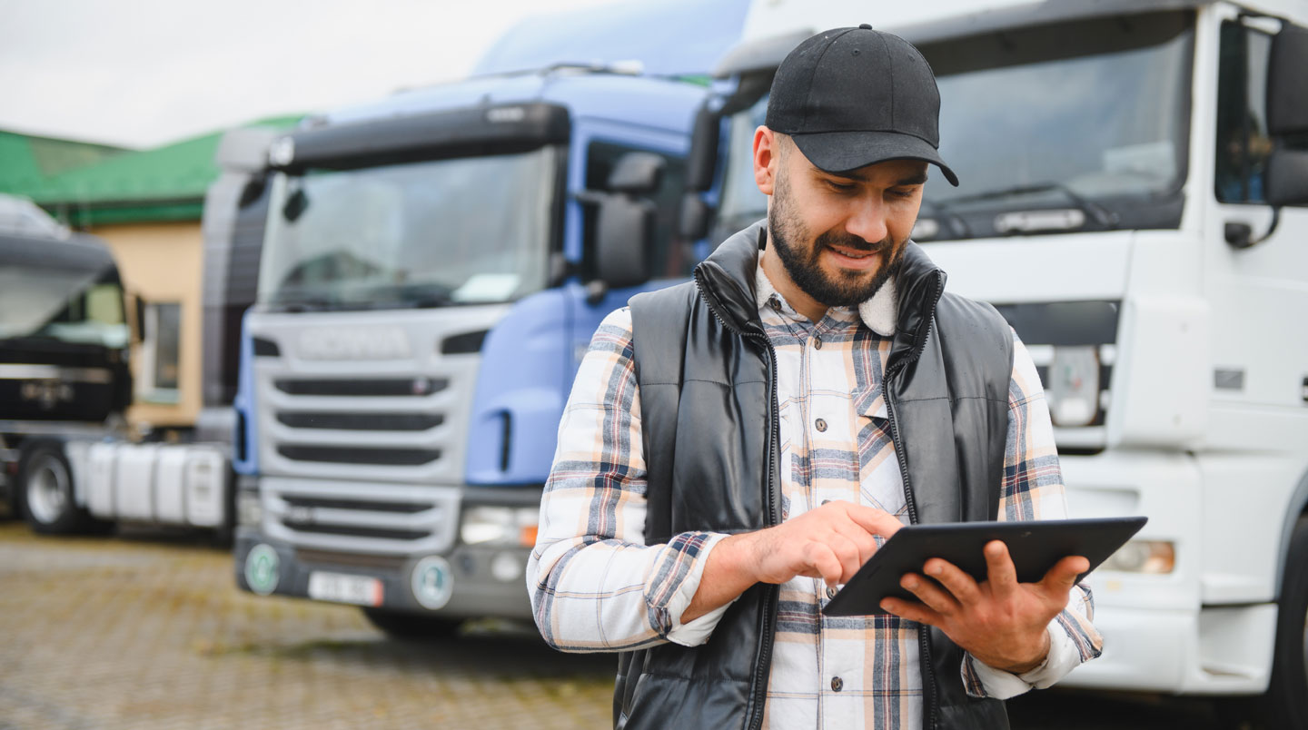 Mains d'un chauffeur routier utilisant une tablette dans la cabine d'un camion, interface de réservation générique affichée à l'écran