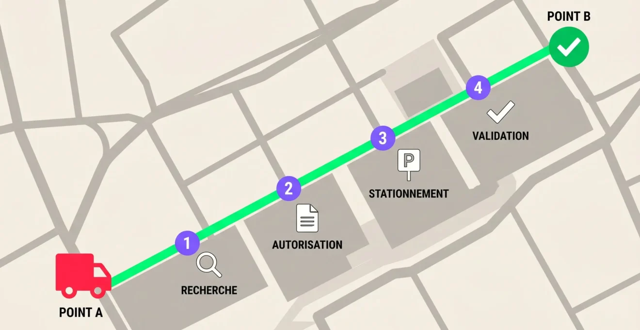 Carte stylisée en flat design montrant un chemin vert balisé traversant un réseau routier simplifié du point de départ (camion) au point d'arrivée (validation)