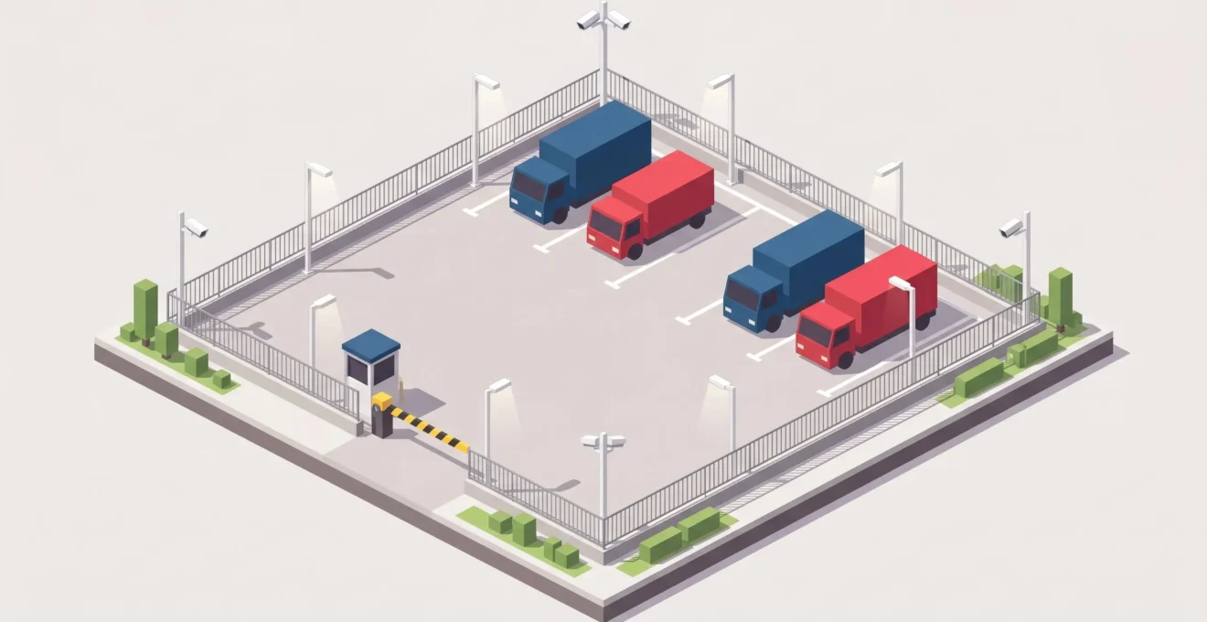 Illustration isométrique en 3D d'un parking poids lourds sécurisé avec caméras de surveillance, éclairage, clôture et barrière d'accès