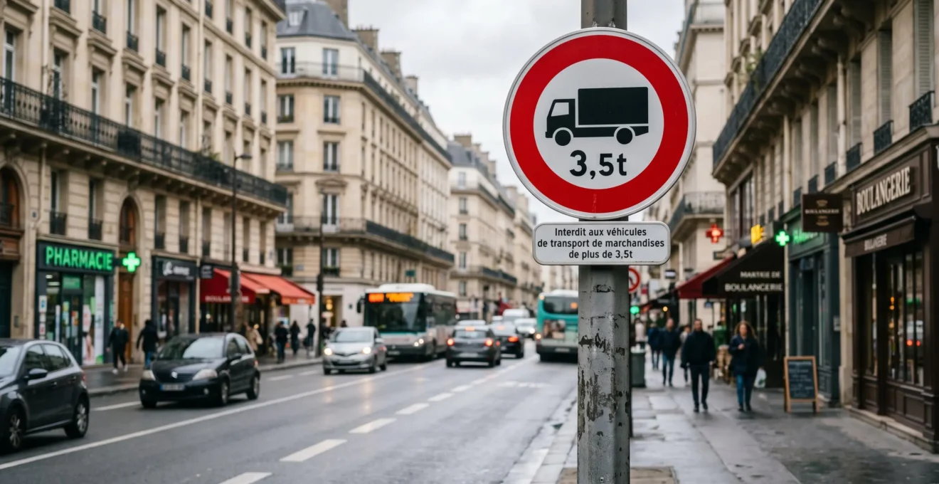 Panneau de signalisation français interdisant le stationnement des poids lourds, installé dans une rue de centre-ville