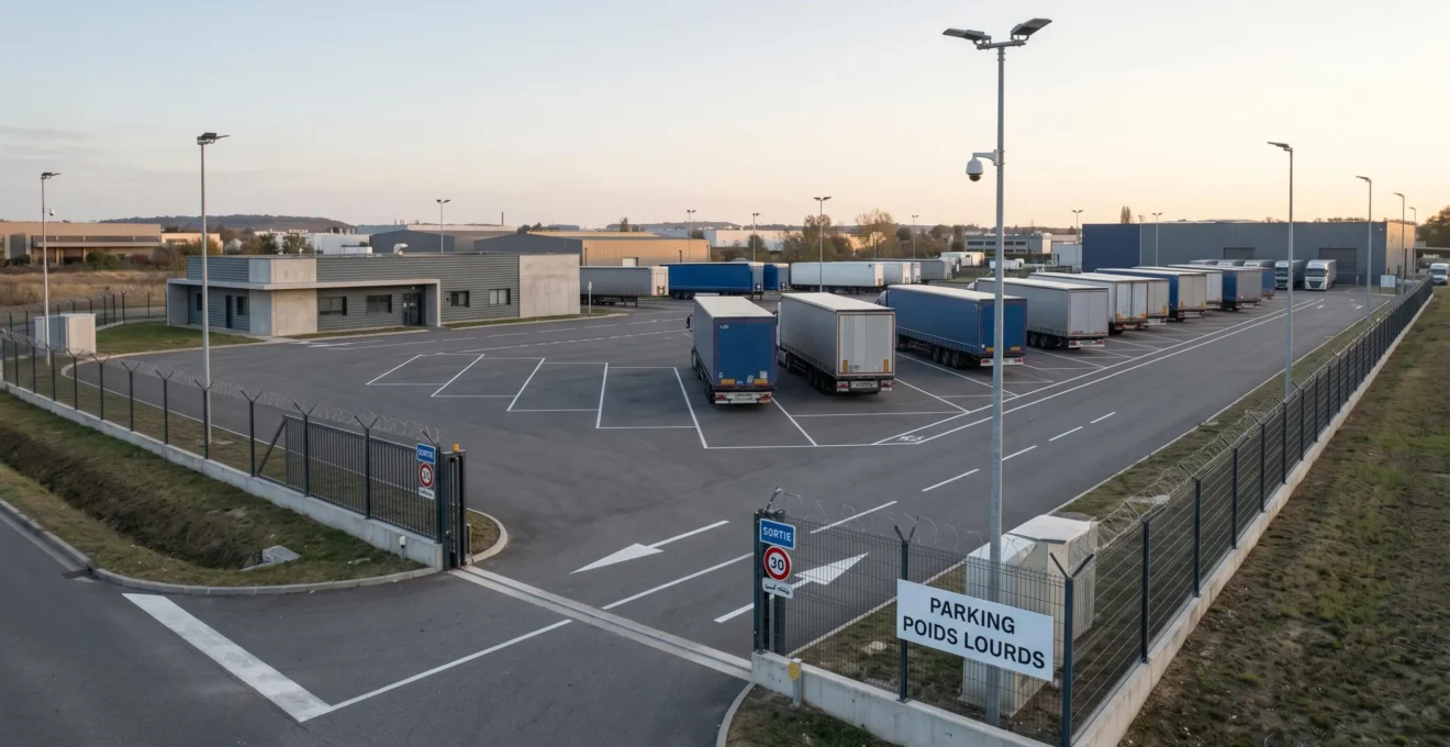 Parking professionnel pour poids lourds avec plusieurs semi-remorques stationnés sur emplacements marqués, éclairage sur mât et clôture sécurisée visible