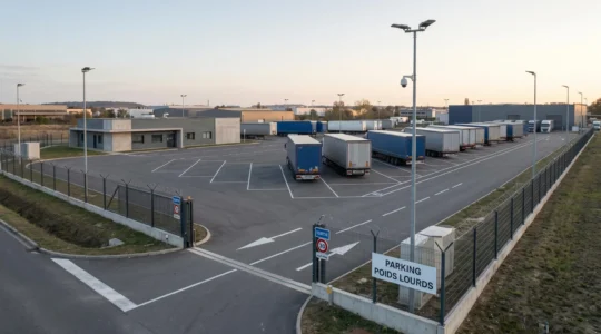 Parking professionnel pour poids lourds avec plusieurs semi-remorques stationnés sur emplacements marqués, éclairage sur mât et clôture sécurisée visible