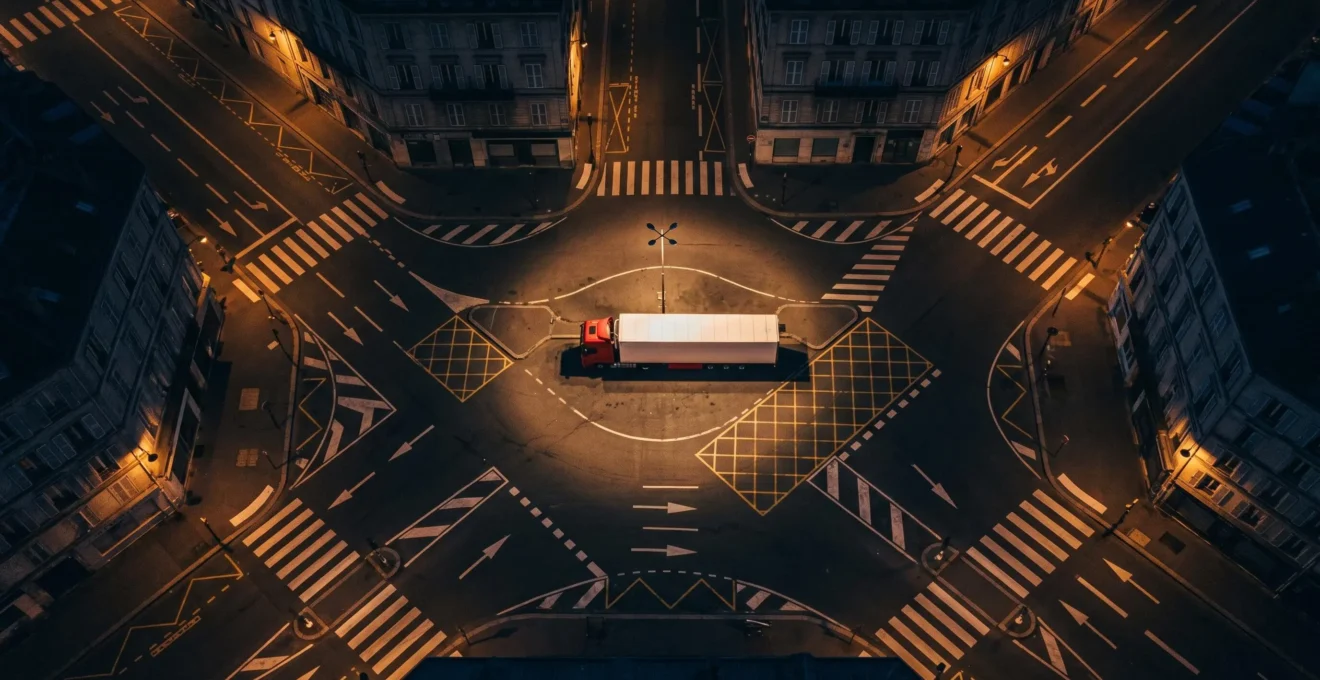 Vue aérienne nocturne d'un camion semi-remorque isolé au centre d'un carrefour urbain complexe éclairé par un lampadaire, entouré de marquages routiers denses